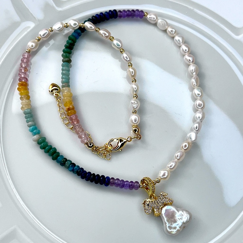 Handmade Freshwater Pearl Multi Gemstone 💎 Detachable Pendant Necklace